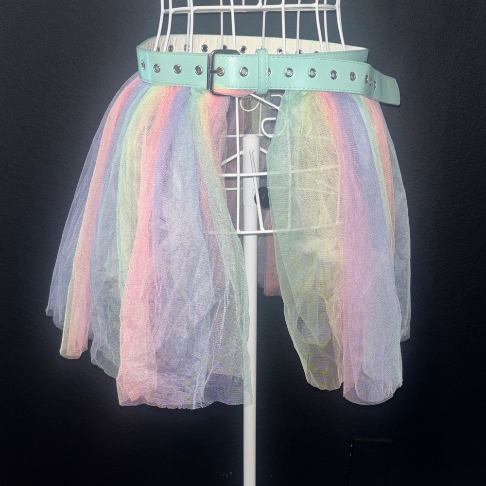 Pastel Rainbow Tulle Mini Skirt with Mint Belt